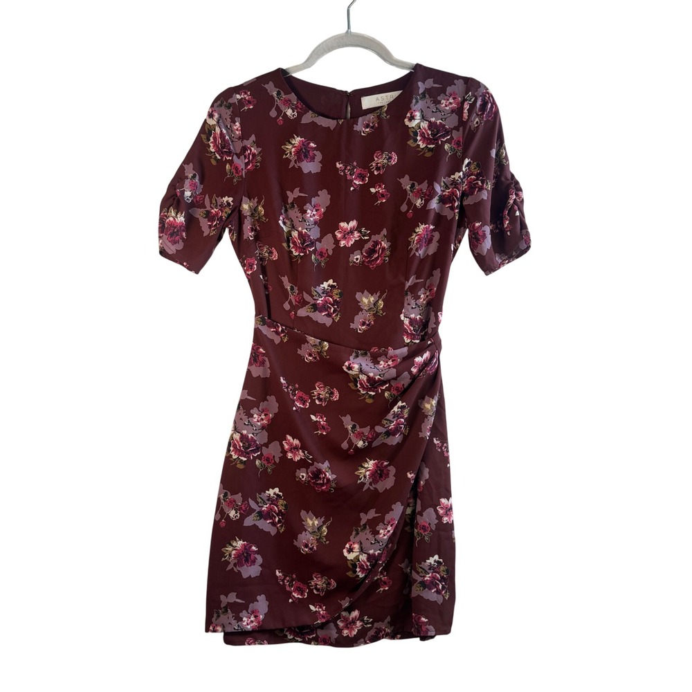 ASTR The Label Floral Mini Dress Burgundy Faux Wrap S/S XS Soft Girl Romantic